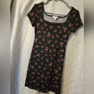Ribbed Black Dress with Red Rose Floral Pattern NWOT